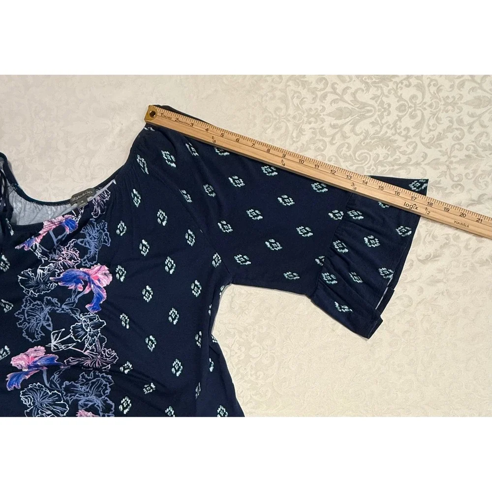 Style & Co Womens XL Navy Blue Floral Ruffle Hem Bell Sleeve Cottagecore Boho